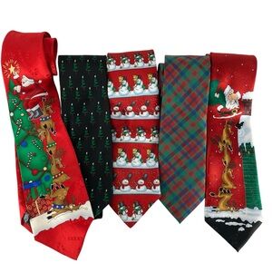 Bundle of 5 Holiday Neck Ties Hallmark Yule Tie Greetings Santa Snowmen Lights